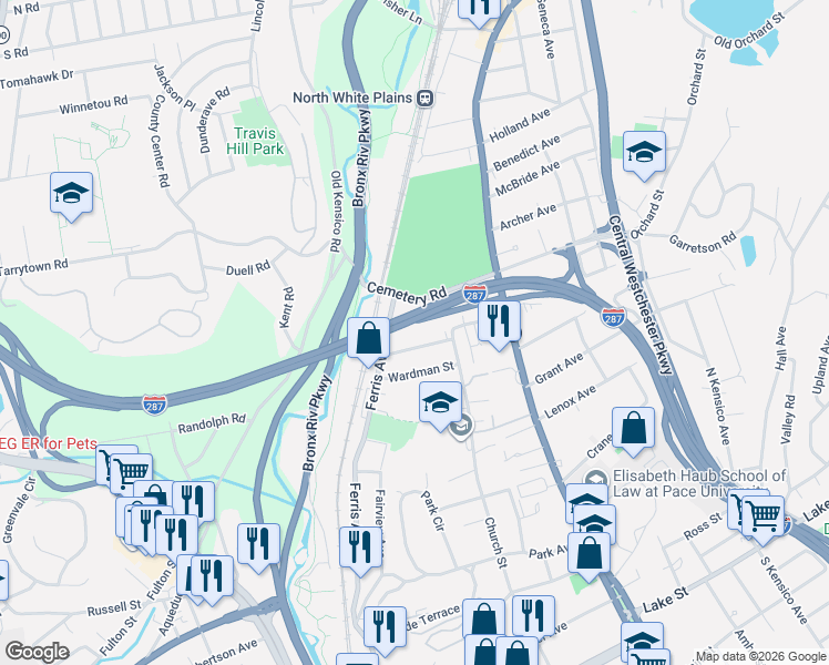 map of restaurants, bars, coffee shops, grocery stores, and more near 38 Westview Avenue in White Plains