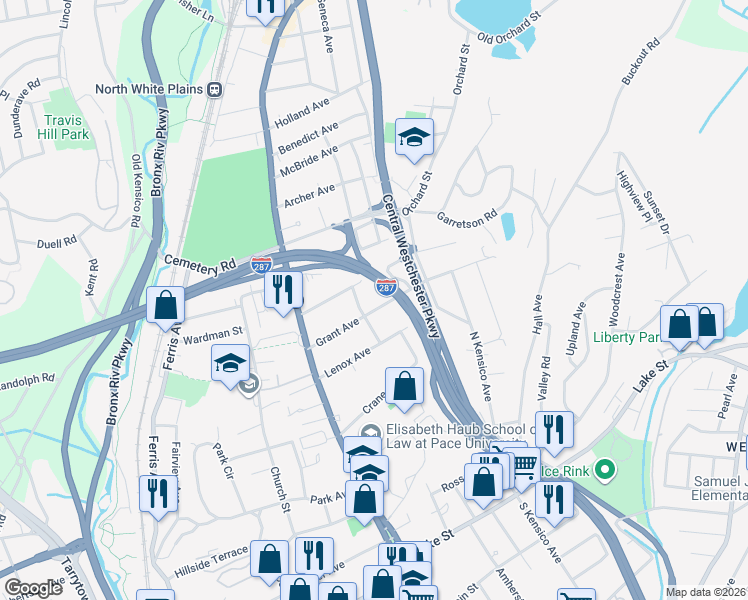 map of restaurants, bars, coffee shops, grocery stores, and more near 76 Grant Avenue in White Plains