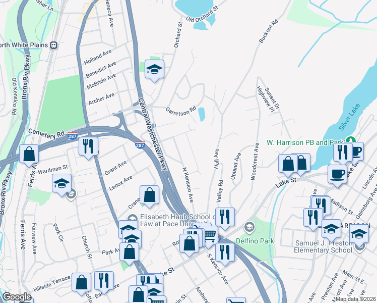 map of restaurants, bars, coffee shops, grocery stores, and more near 41 Mount Morris Avenue in White Plains