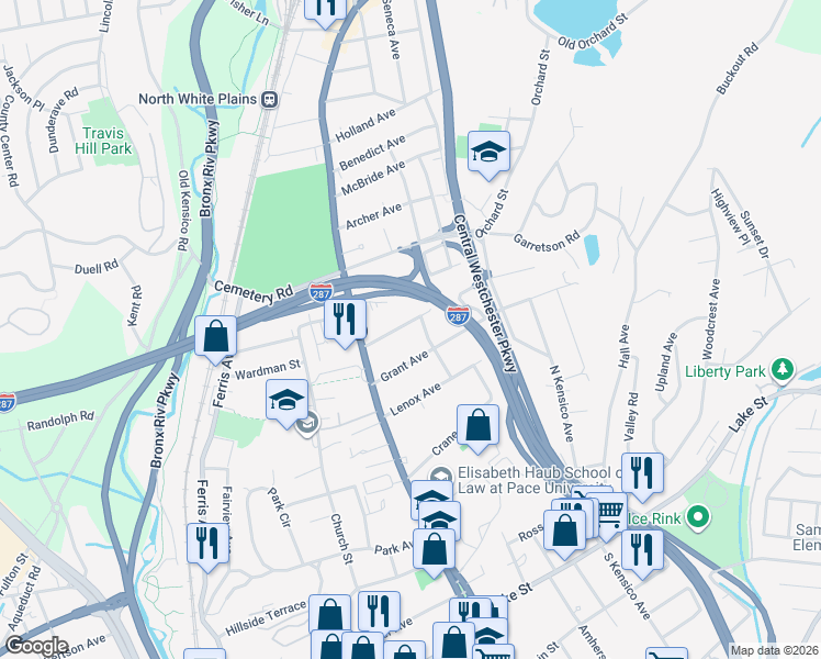 map of restaurants, bars, coffee shops, grocery stores, and more near 39 Clinton Street in White Plains