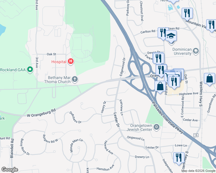 map of restaurants, bars, coffee shops, grocery stores, and more near 8 Fern Oval West in Orangeburg