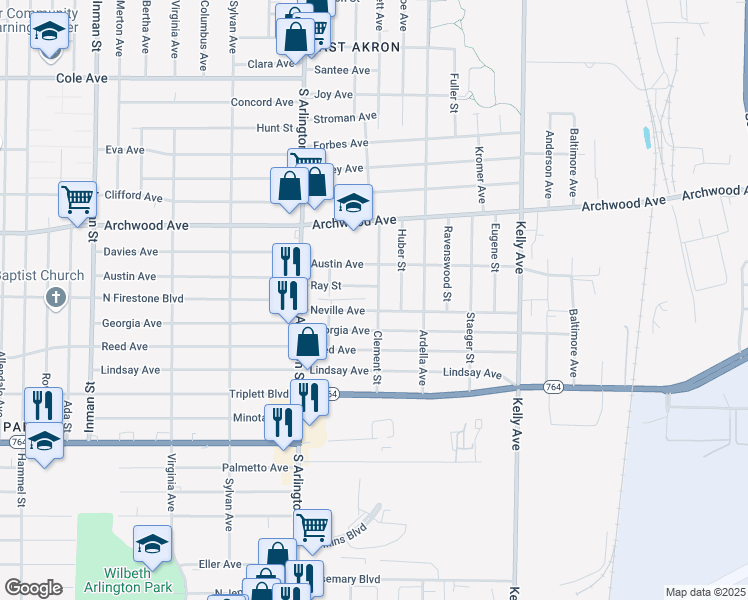 map of restaurants, bars, coffee shops, grocery stores, and more near 958 Clement Street in Akron