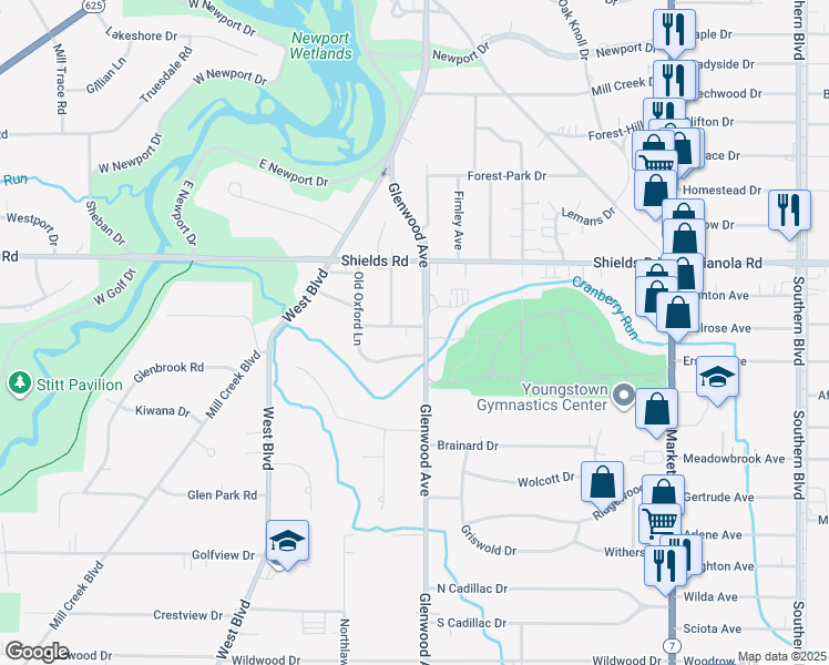 map of restaurants, bars, coffee shops, grocery stores, and more near 5304 Glenwood Avenue in Youngstown