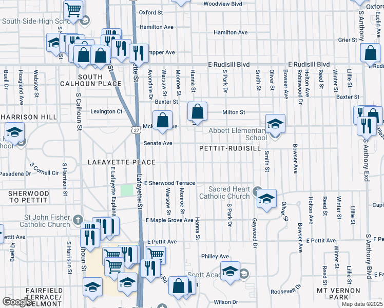 map of restaurants, bars, coffee shops, grocery stores, and more near 4424 Hanna Street in Fort Wayne