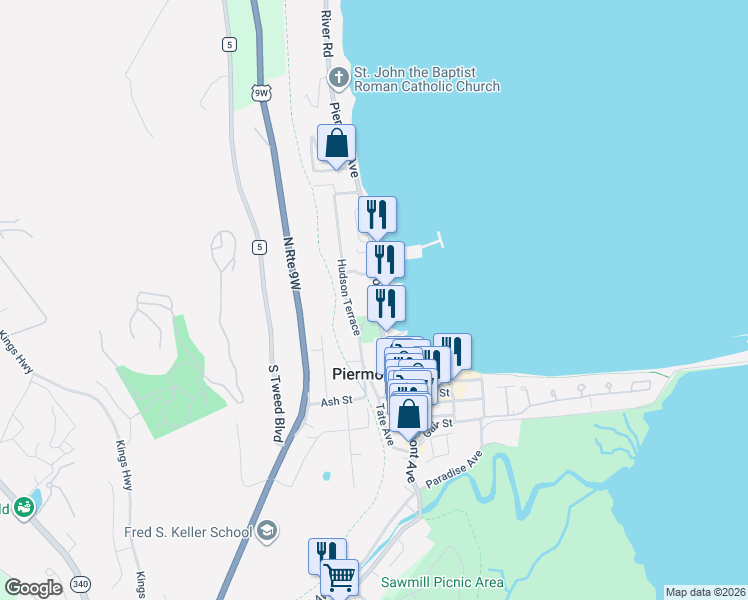 map of restaurants, bars, coffee shops, grocery stores, and more near 632 Piermont Avenue in Piermont