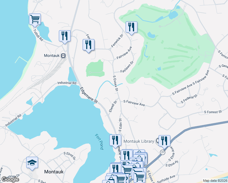 map of restaurants, bars, coffee shops, grocery stores, and more near 211 Essex Street in Montauk
