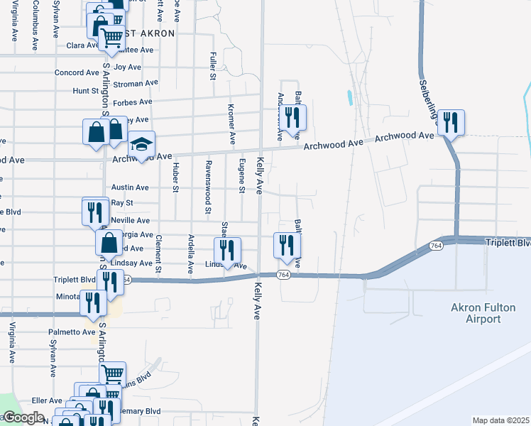 map of restaurants, bars, coffee shops, grocery stores, and more near 979 Kelly Avenue in Akron