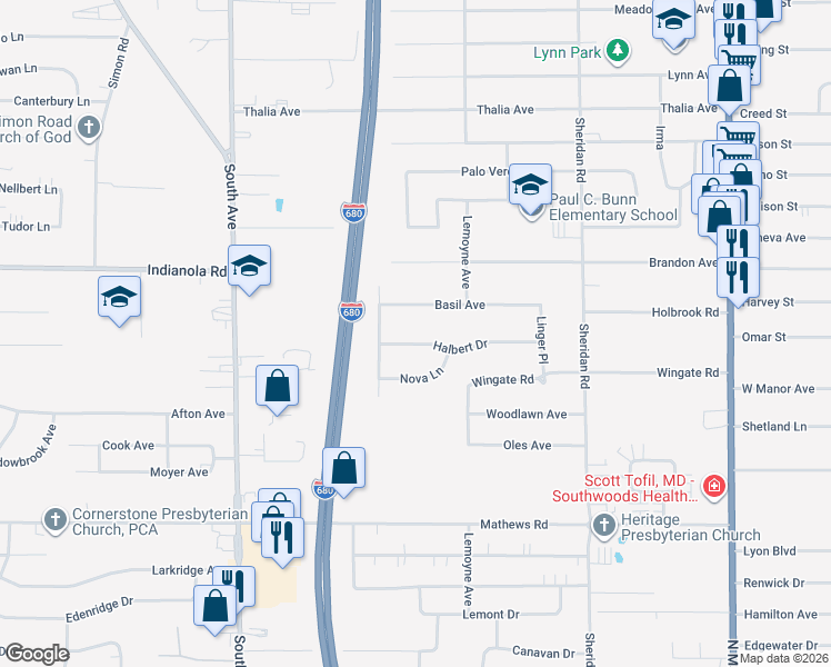 map of restaurants, bars, coffee shops, grocery stores, and more near 1750 Halbert Dr in Youngstown