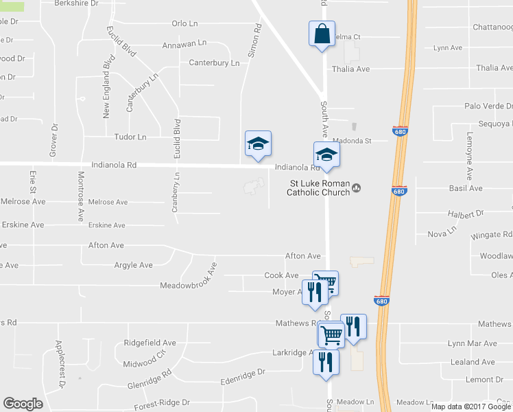 map of restaurants, bars, coffee shops, grocery stores, and more near 835 Indianola Road in Youngstown