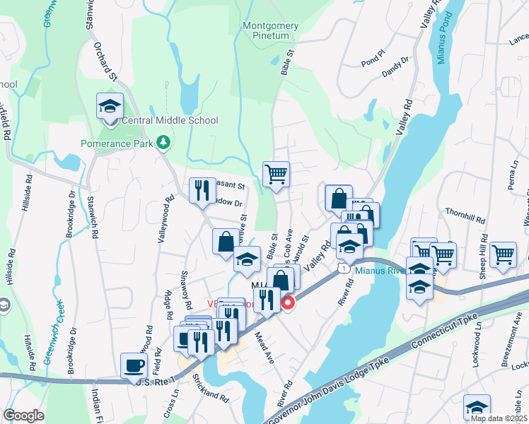 map of restaurants, bars, coffee shops, grocery stores, and more near 54 Bible Street in Greenwich