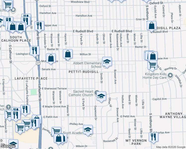 map of restaurants, bars, coffee shops, grocery stores, and more near 4421 Spatz Avenue in Fort Wayne