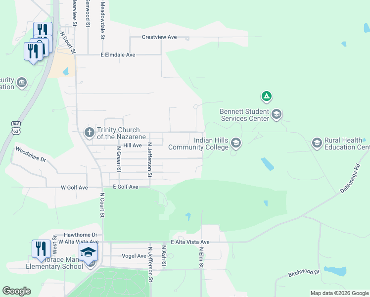 map of restaurants, bars, coffee shops, grocery stores, and more near 16 Weaver Drive in Ottumwa