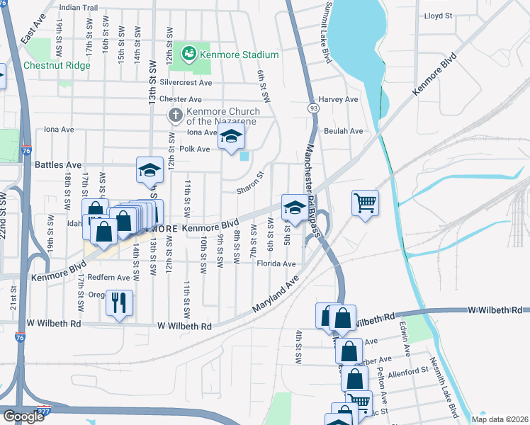 map of restaurants, bars, coffee shops, grocery stores, and more near 738 Kenmore Boulevard in Akron
