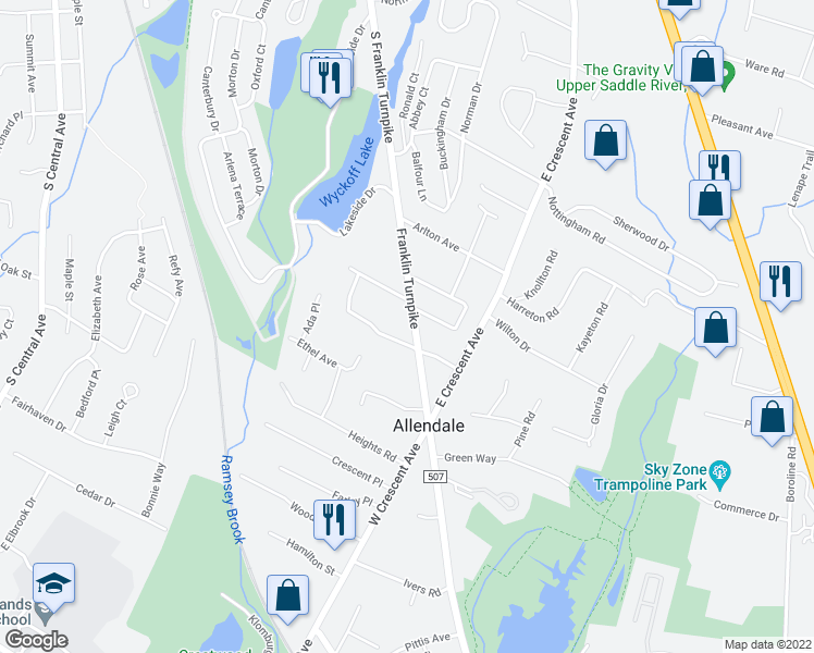 map of restaurants, bars, coffee shops, grocery stores, and more near 913 Franklin Turnpike in Allendale