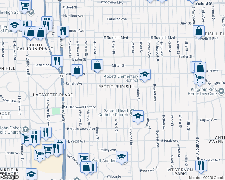map of restaurants, bars, coffee shops, grocery stores, and more near 4424 S Park Dr in Fort Wayne