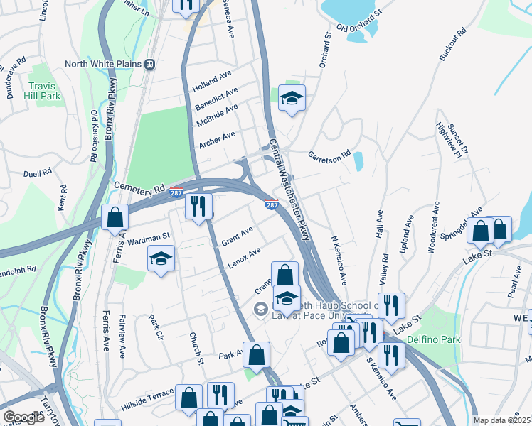 map of restaurants, bars, coffee shops, grocery stores, and more near 76 Grant Avenue in White Plains