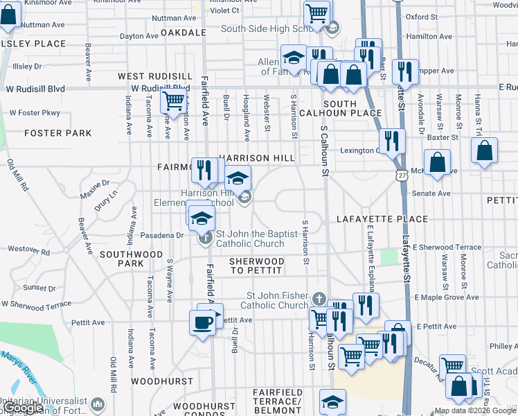map of restaurants, bars, coffee shops, grocery stores, and more near 380-398 S Cornell Cir in Fort Wayne