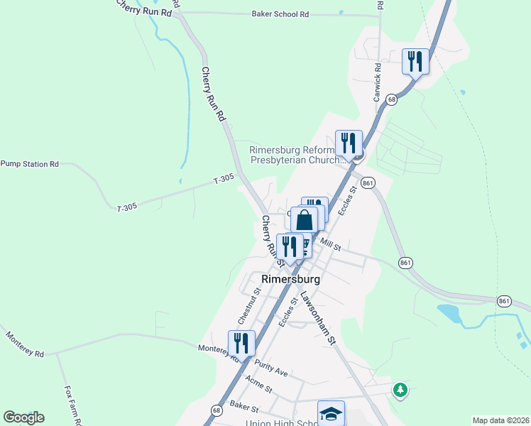 map of restaurants, bars, coffee shops, grocery stores, and more near Saint Highway in Rimersburg