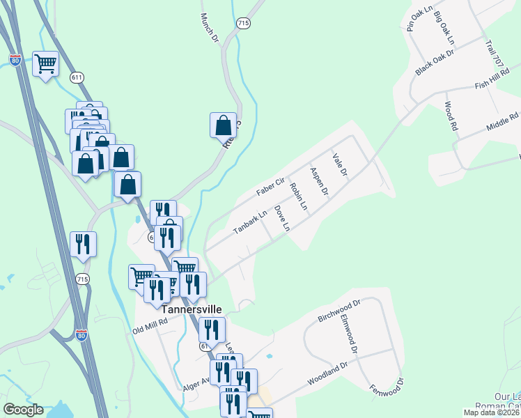 map of restaurants, bars, coffee shops, grocery stores, and more near 145 Tanbark Lane in Tannersville