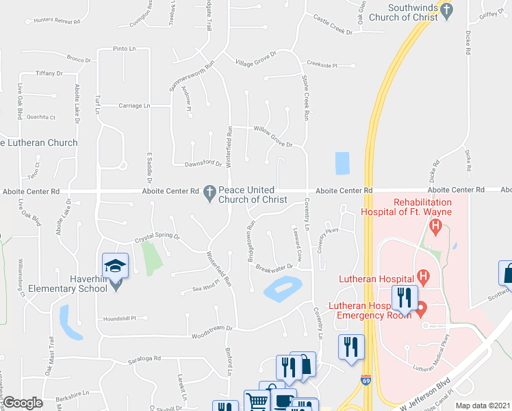 map of restaurants, bars, coffee shops, grocery stores, and more near in Fort Wayne