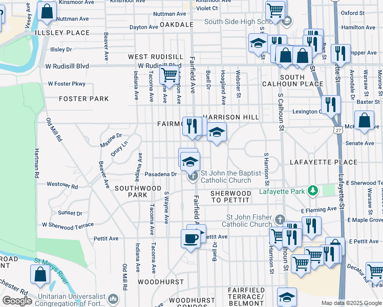 map of restaurants, bars, coffee shops, grocery stores, and more near 4326 Fairfield Avenue in Fort Wayne