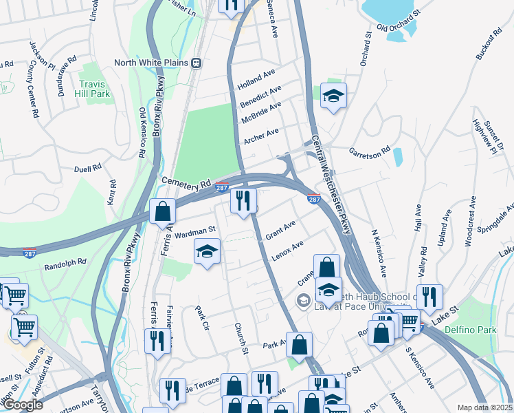 map of restaurants, bars, coffee shops, grocery stores, and more near 144 North Broadway in White Plains
