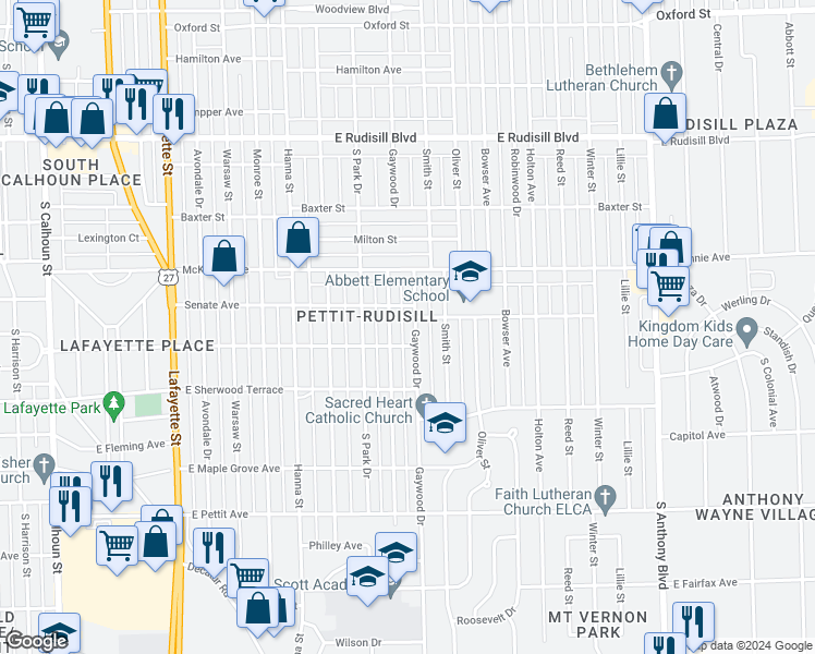 map of restaurants, bars, coffee shops, grocery stores, and more near 4422 Gaywood Drive in Fort Wayne