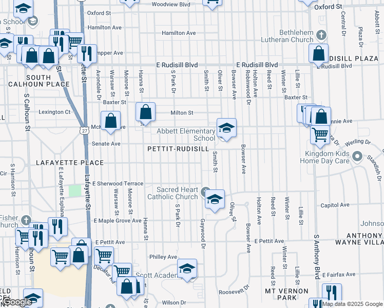 map of restaurants, bars, coffee shops, grocery stores, and more near 4421 Spatz Avenue in Fort Wayne