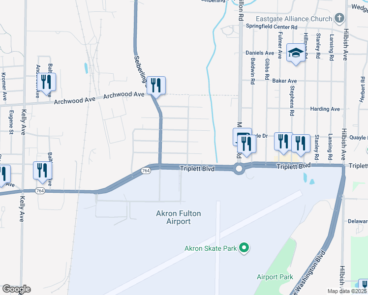 map of restaurants, bars, coffee shops, grocery stores, and more near 640 Essex St in Akron