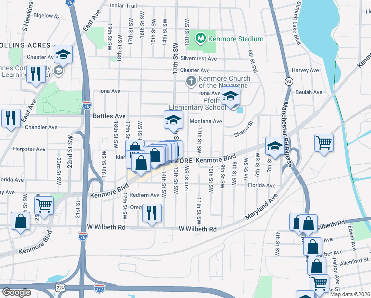 map of restaurants, bars, coffee shops, grocery stores, and more near 2172 12th Street Southwest in Akron