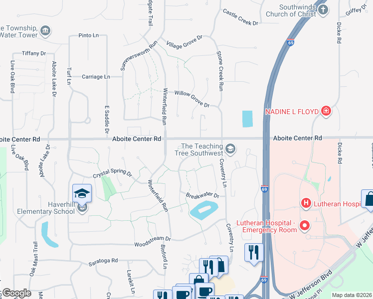 map of restaurants, bars, coffee shops, grocery stores, and more near 4307 Whaler's Cove in Fort Wayne