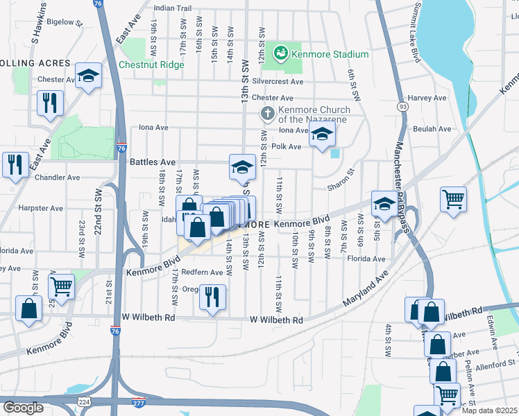 map of restaurants, bars, coffee shops, grocery stores, and more near 2172 12th Street Southwest in Akron