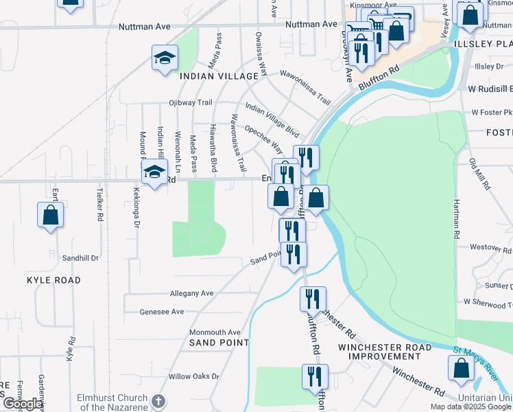 map of restaurants, bars, coffee shops, grocery stores, and more near 4313 Arrow Drive in Fort Wayne