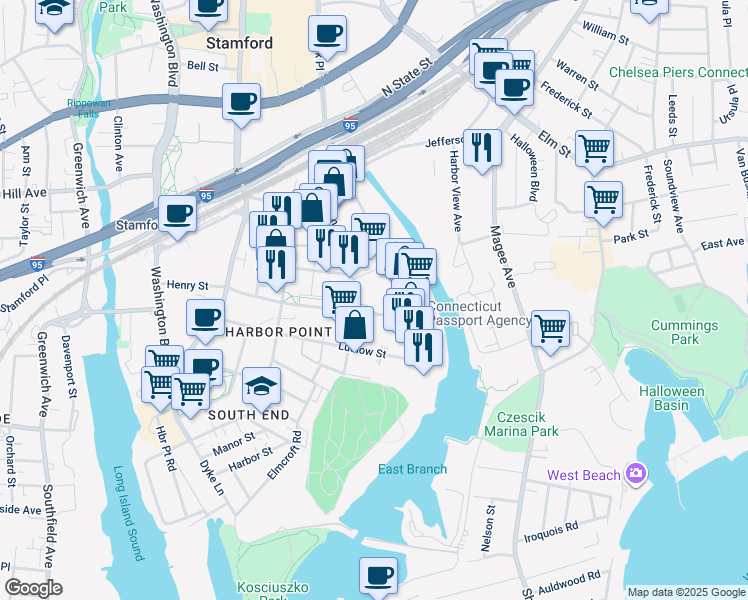 map of restaurants, bars, coffee shops, grocery stores, and more near 711 Canal Street in Stamford