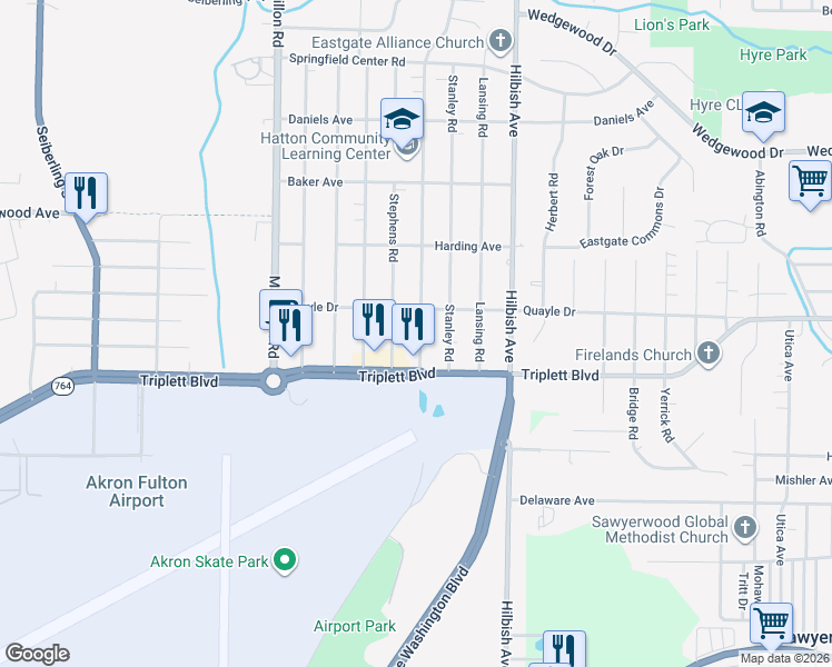 map of restaurants, bars, coffee shops, grocery stores, and more near 602 Hillman Road in Akron