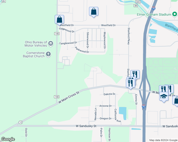 map of restaurants, bars, coffee shops, grocery stores, and more near 204 Colonial Drive, in Findlay