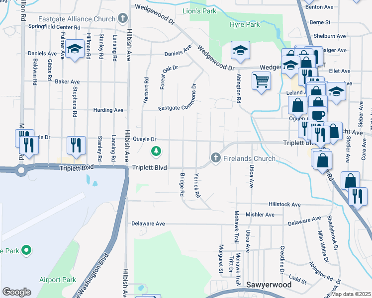 map of restaurants, bars, coffee shops, grocery stores, and more near 695 Bridge Road in Akron