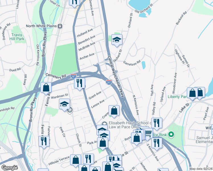 map of restaurants, bars, coffee shops, grocery stores, and more near 76 Grant Avenue in White Plains