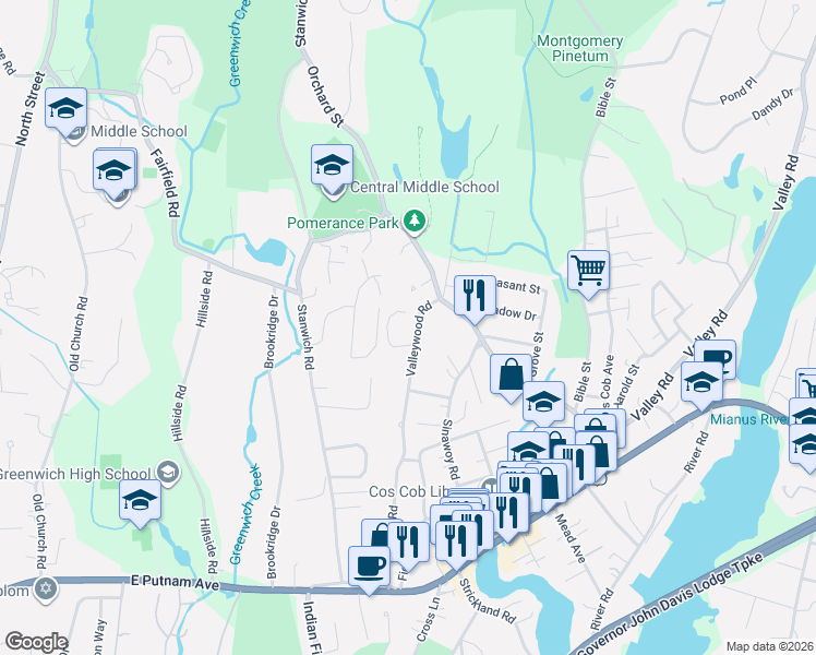 map of restaurants, bars, coffee shops, grocery stores, and more near 11 Osee Place in Greenwich