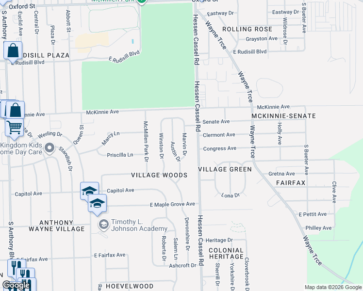 map of restaurants, bars, coffee shops, grocery stores, and more near 4424 Marvin Drive in Fort Wayne