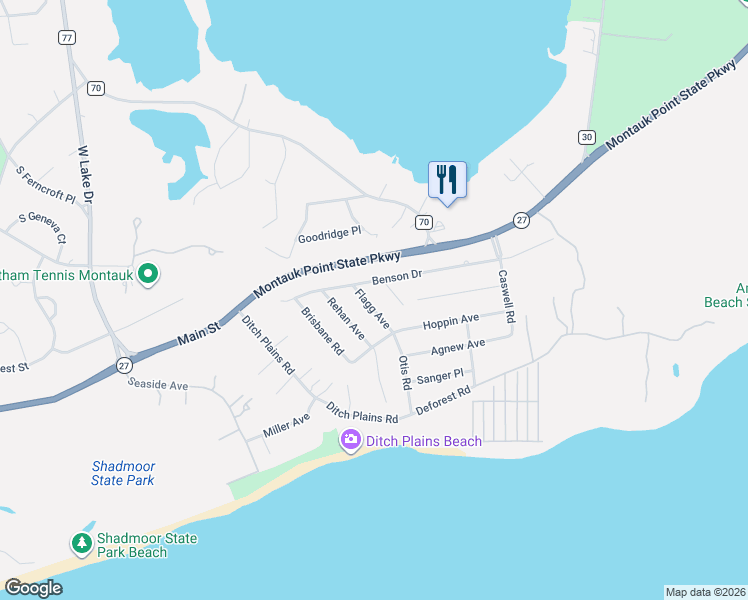 map of restaurants, bars, coffee shops, grocery stores, and more near 11 Flagg Avenue in Montauk