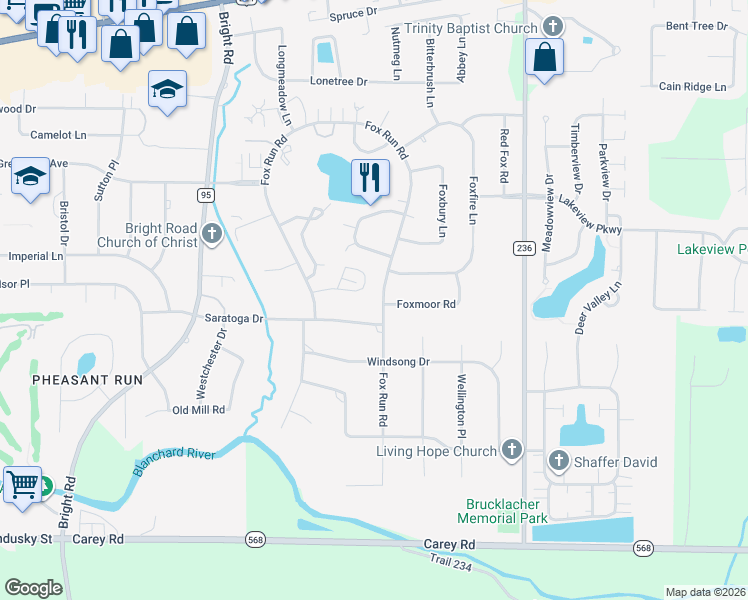 map of restaurants, bars, coffee shops, grocery stores, and more near 1131 Fox Run Road in Findlay