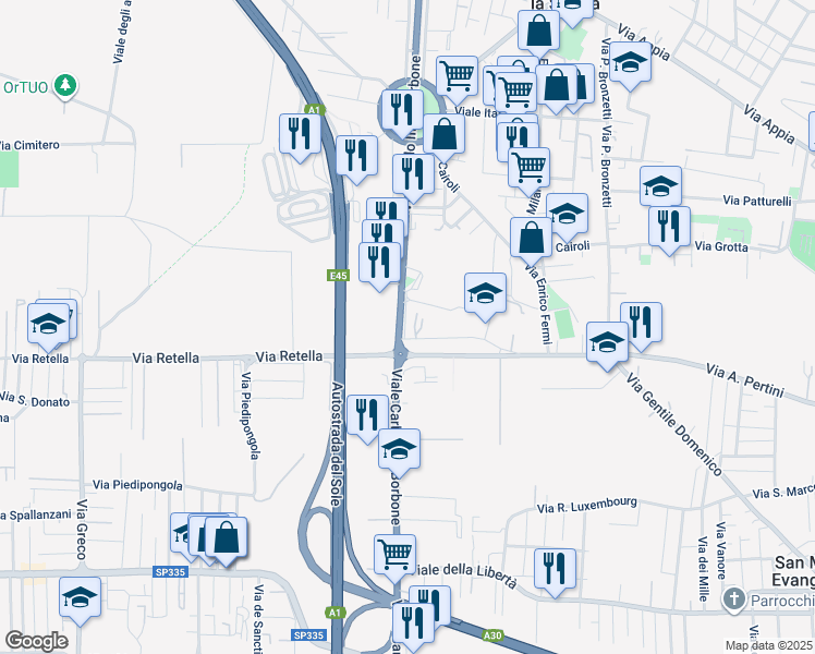 map of restaurants, bars, coffee shops, grocery stores, and more near 173 Viale Carlo III in San Nicola La Strada