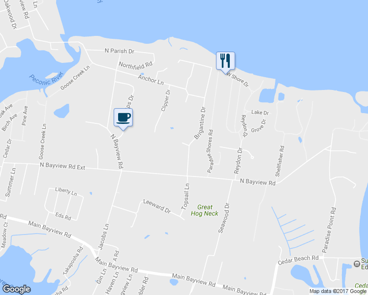 map of restaurants, bars, coffee shops, grocery stores, and more near 2000 Brigantine Drive in Southold