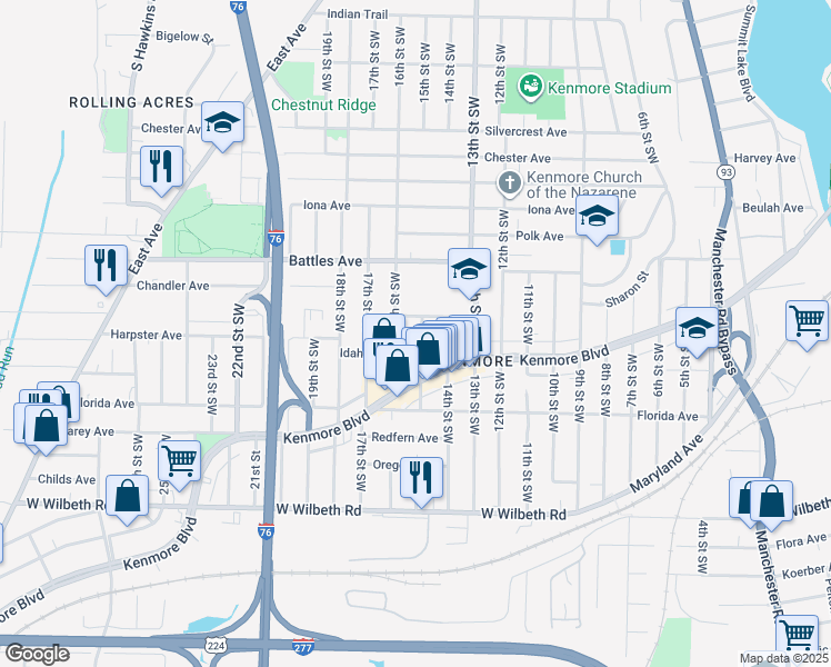 map of restaurants, bars, coffee shops, grocery stores, and more near 2172 15th Street Southwest in Akron