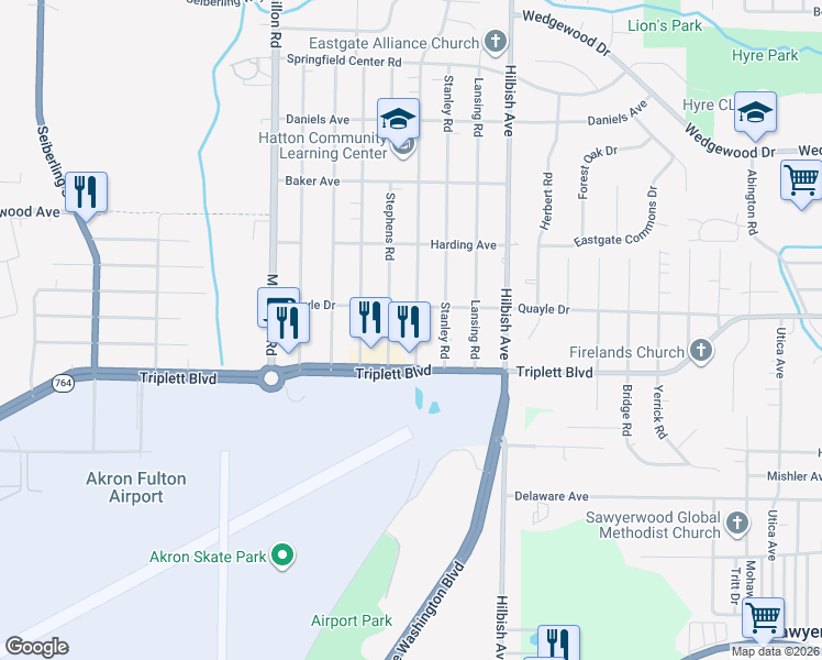 map of restaurants, bars, coffee shops, grocery stores, and more near 602 Hillman Road in Akron