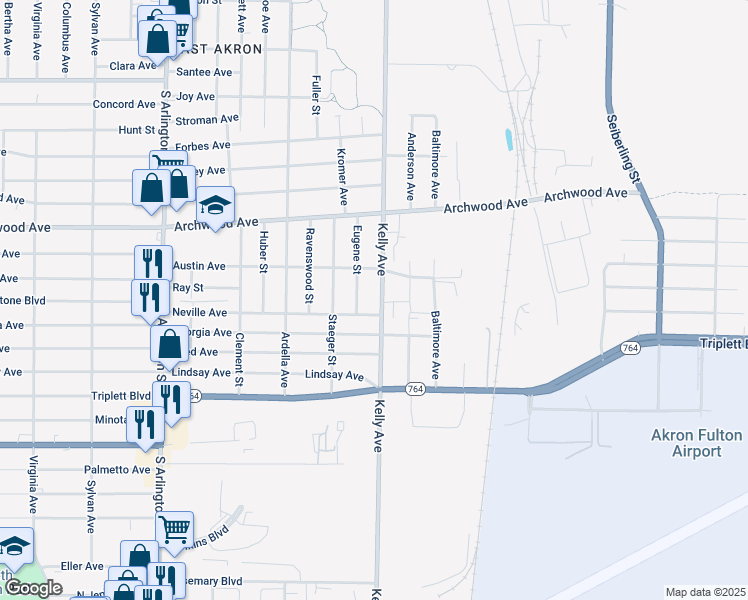 map of restaurants, bars, coffee shops, grocery stores, and more near 979 Kelly Avenue in Akron