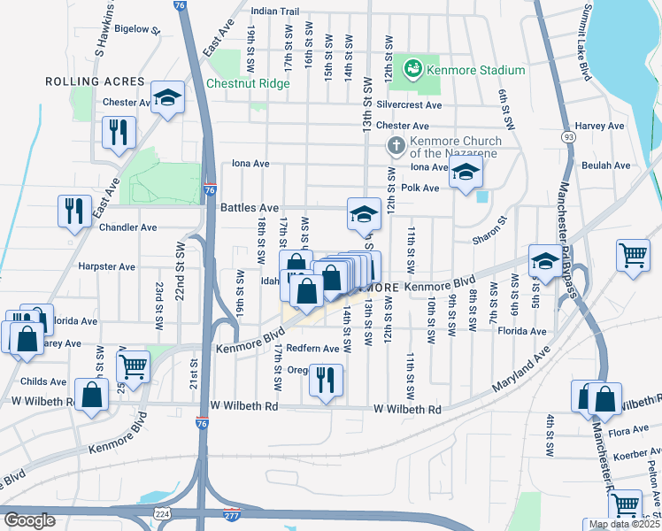 map of restaurants, bars, coffee shops, grocery stores, and more near 2169 15th Street Southwest in Akron