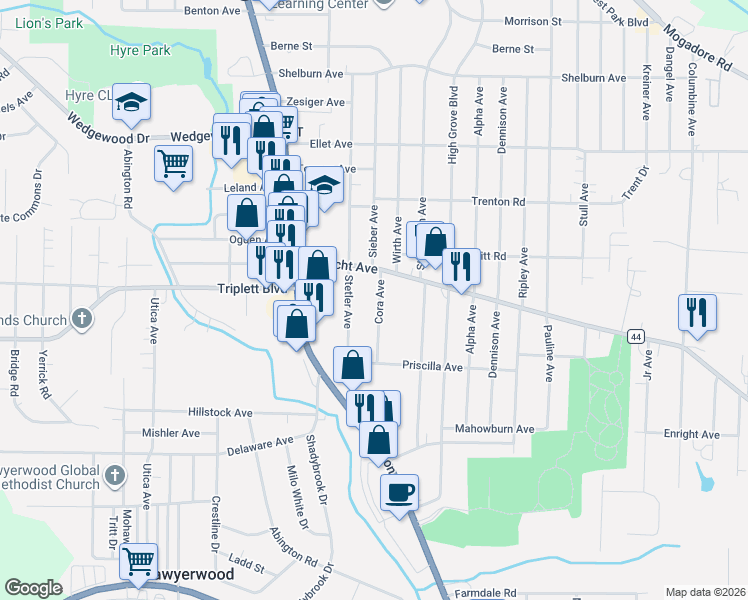 map of restaurants, bars, coffee shops, grocery stores, and more near 576 Cora Avenue in Akron