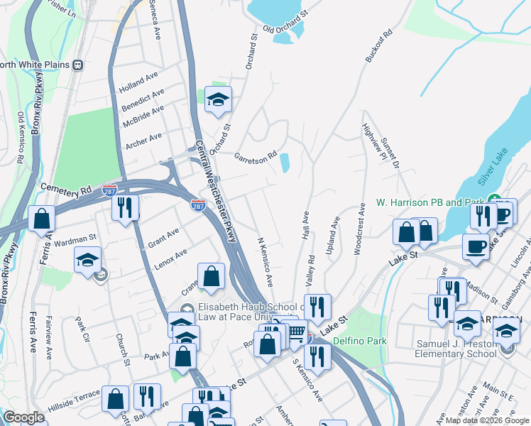 map of restaurants, bars, coffee shops, grocery stores, and more near 41 Mount Morris Avenue in White Plains